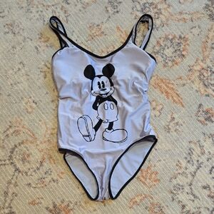 Disney Women’s Light Gray and Black Mickey Mouse One-Piece Swim